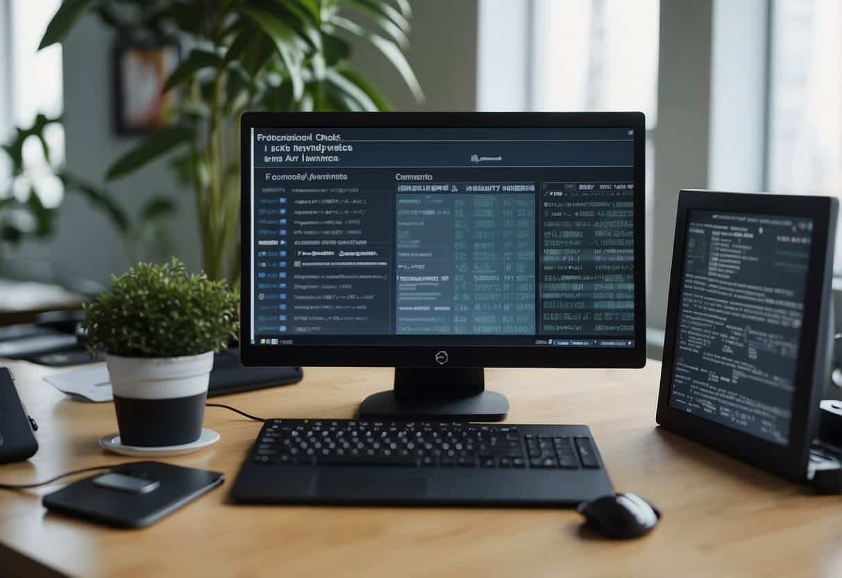 A small office with a computer screen displaying "Frequently Asked Questions Computer Vision for AI-Powered Solutions" surrounded by technology and office supplies