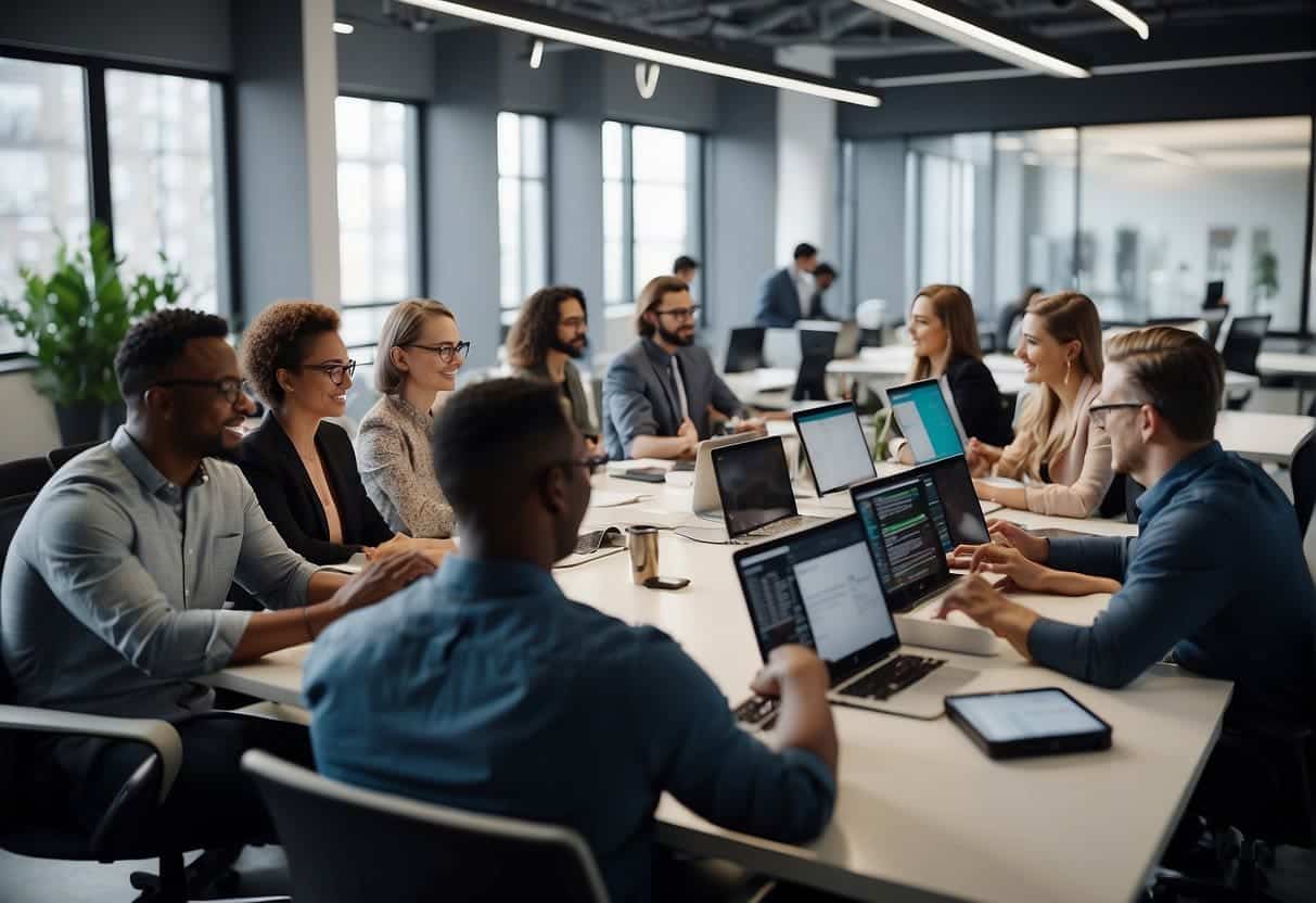 A group of diverse individuals collaborating on ethical AI development in a modern, open-concept office space with computers, whiteboards, and research materials
