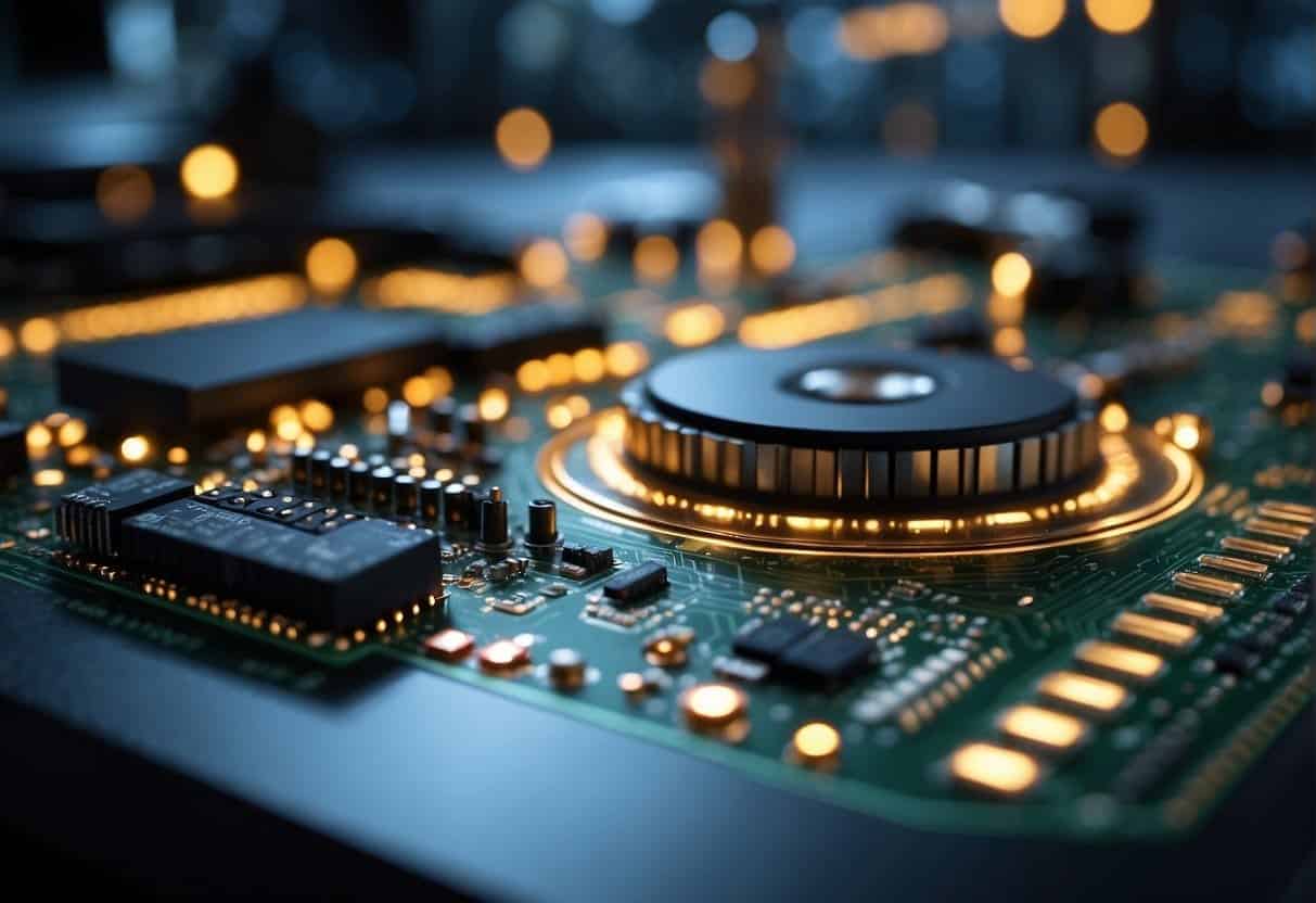A table with diverse tools (e.g. algorithms, data sets, ethical guidelines) surrounded by symbols of technology (e.g. circuit boards, binary code) to represent responsible AI development practices