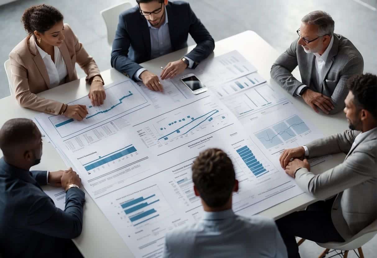 A group of diverse individuals collaborate around a table, brainstorming and developing ethical AI practices. Charts and diagrams decorate the walls, illustrating the foundations of responsible AI development