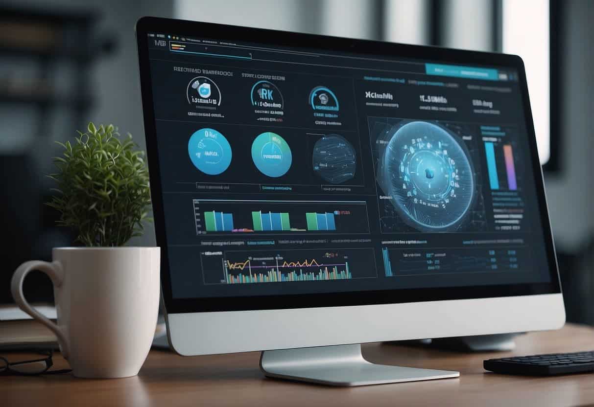 A computer screen displays AI and machine learning training courses. Books and a cup of coffee sit on the desk