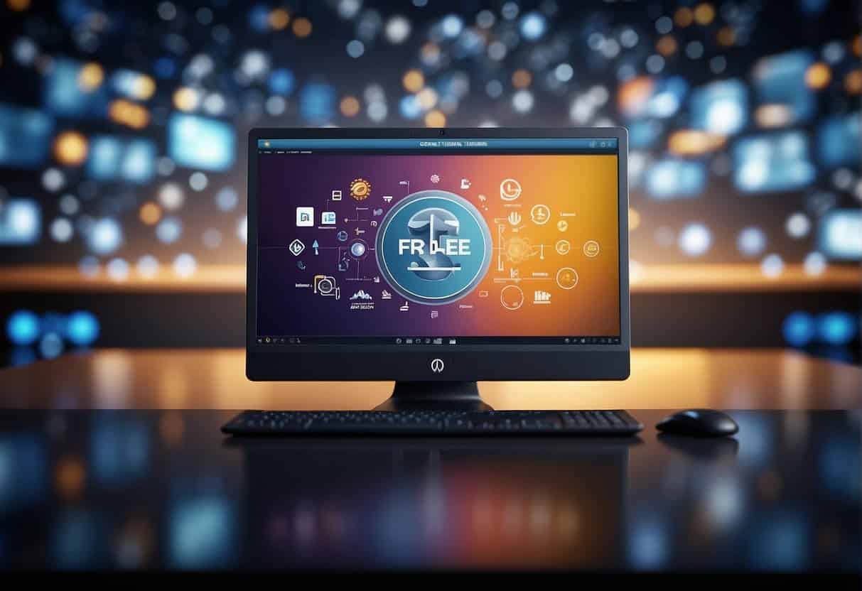 AI technology logos and symbols floating above a computer screen with "Free Online AI Training Courses" displayed prominently