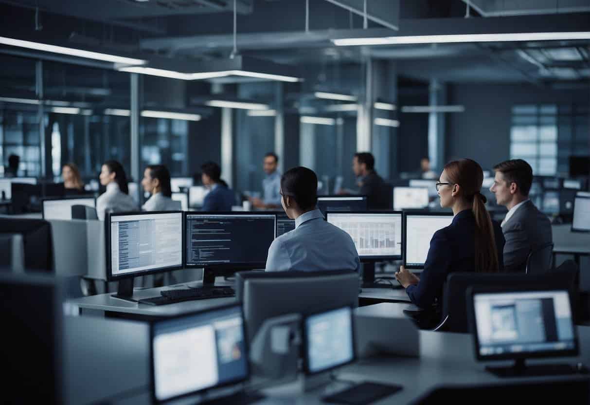 AI training courses: computers learning, data analysis, problem-solving. Managers overseeing progress, guiding development. Skills in workforce management