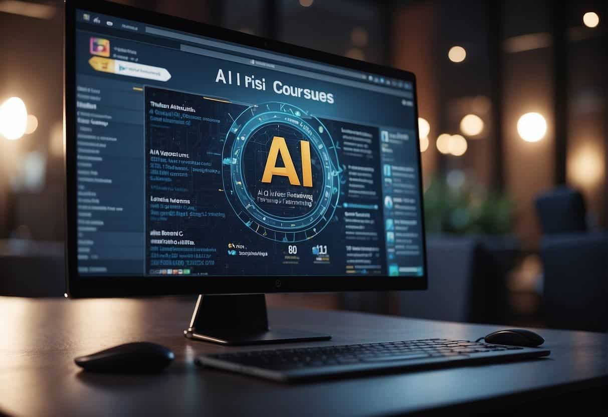 AI logo displayed on a computer screen with a list of free online AI training courses