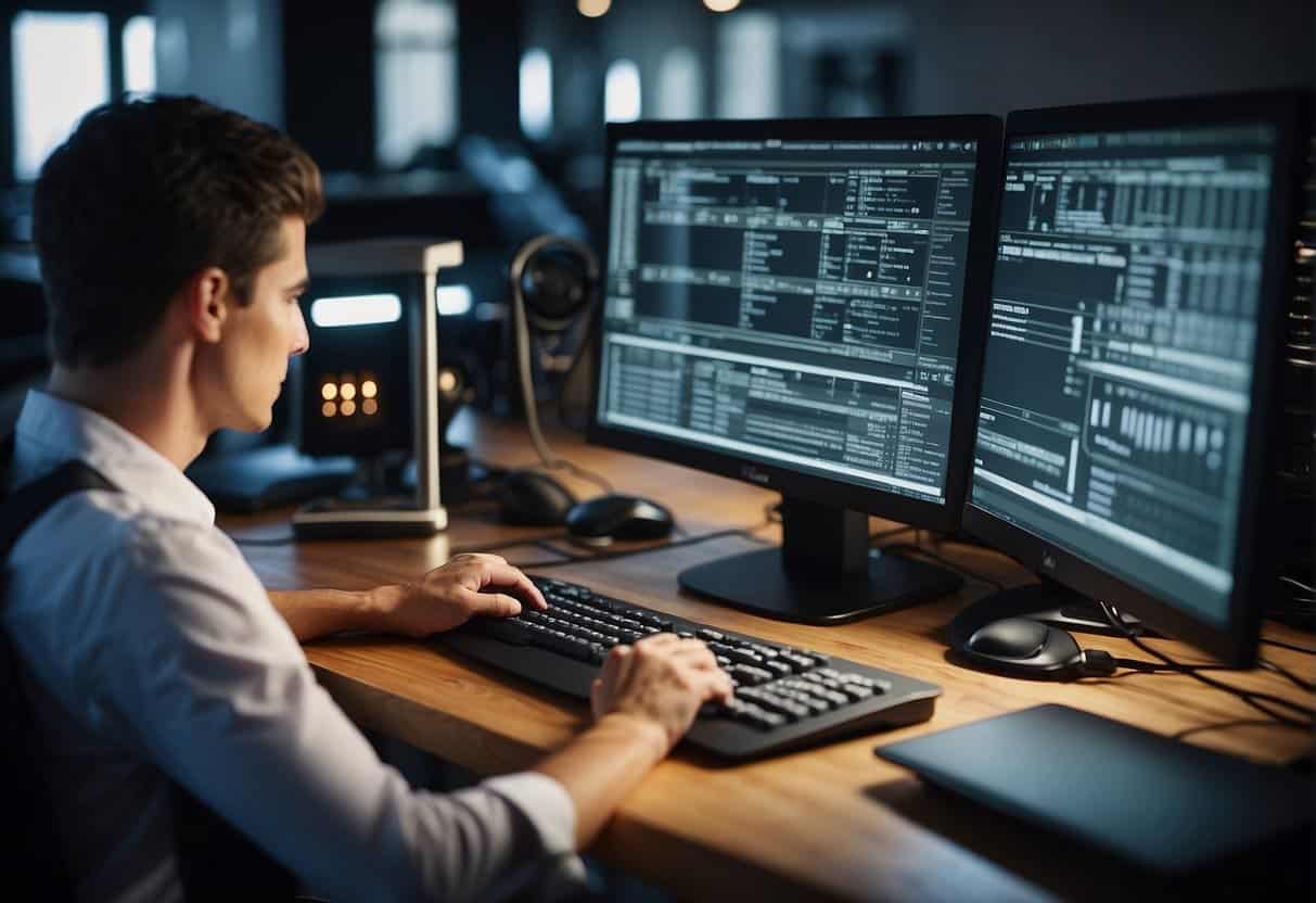 A computer program is being tailored to specific needs, with various settings and parameters being adjusted by a programmer