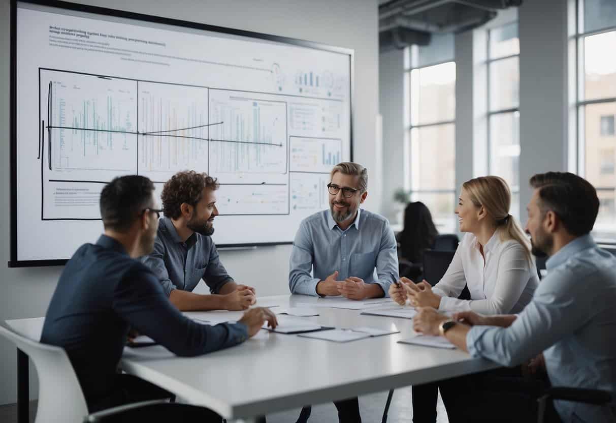 A group of people gathered around a whiteboard, discussing and brainstorming key questions for implementing AI. Charts and diagrams are spread out on the table, as they engage in deep conversation