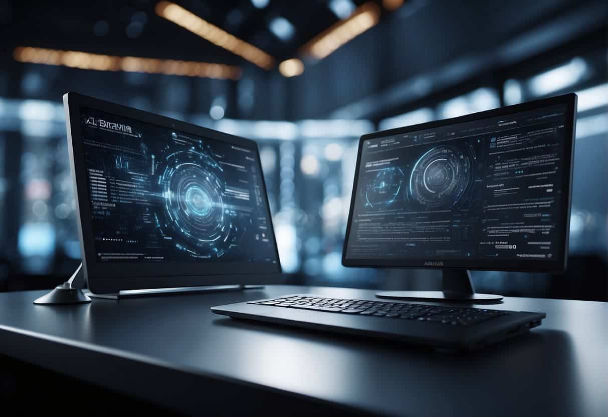 A computer with AI capabilities processing data and generating insights, surrounded by key questions about implementing AI