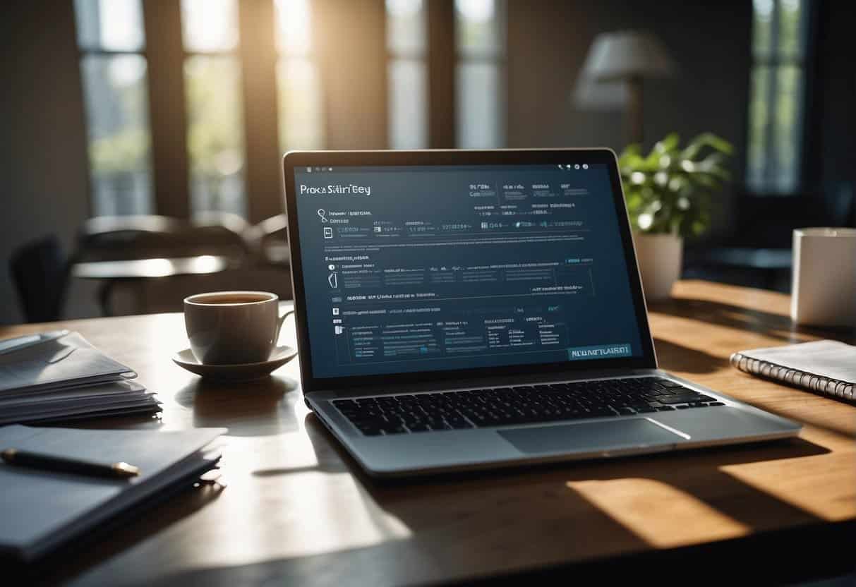 A table with a laptop, papers, and a pen. A flowchart on the screen. AI strategy key questions written on the papers