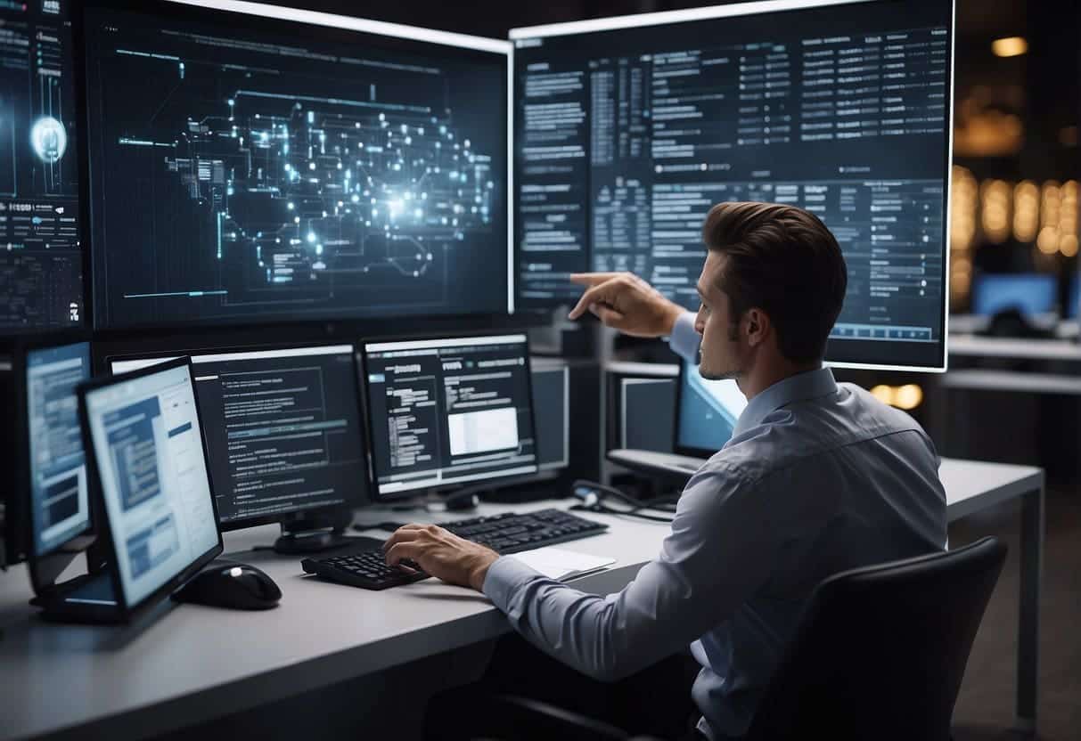 An individual pointing to a list of key questions on a computer screen, surrounded by various AI technology options