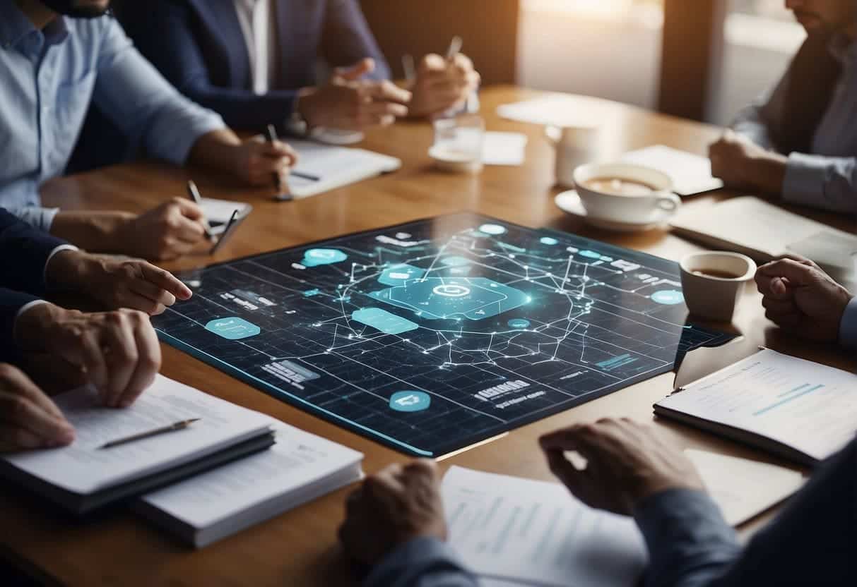 A table with various AI-related materials, including books, charts, and diagrams, surrounded by a group of people engaged in discussion and brainstorming