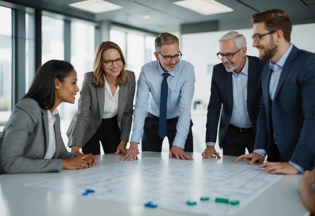 A group of experts discussing AI policy and ethical considerations, mapping out a framework on a whiteboard