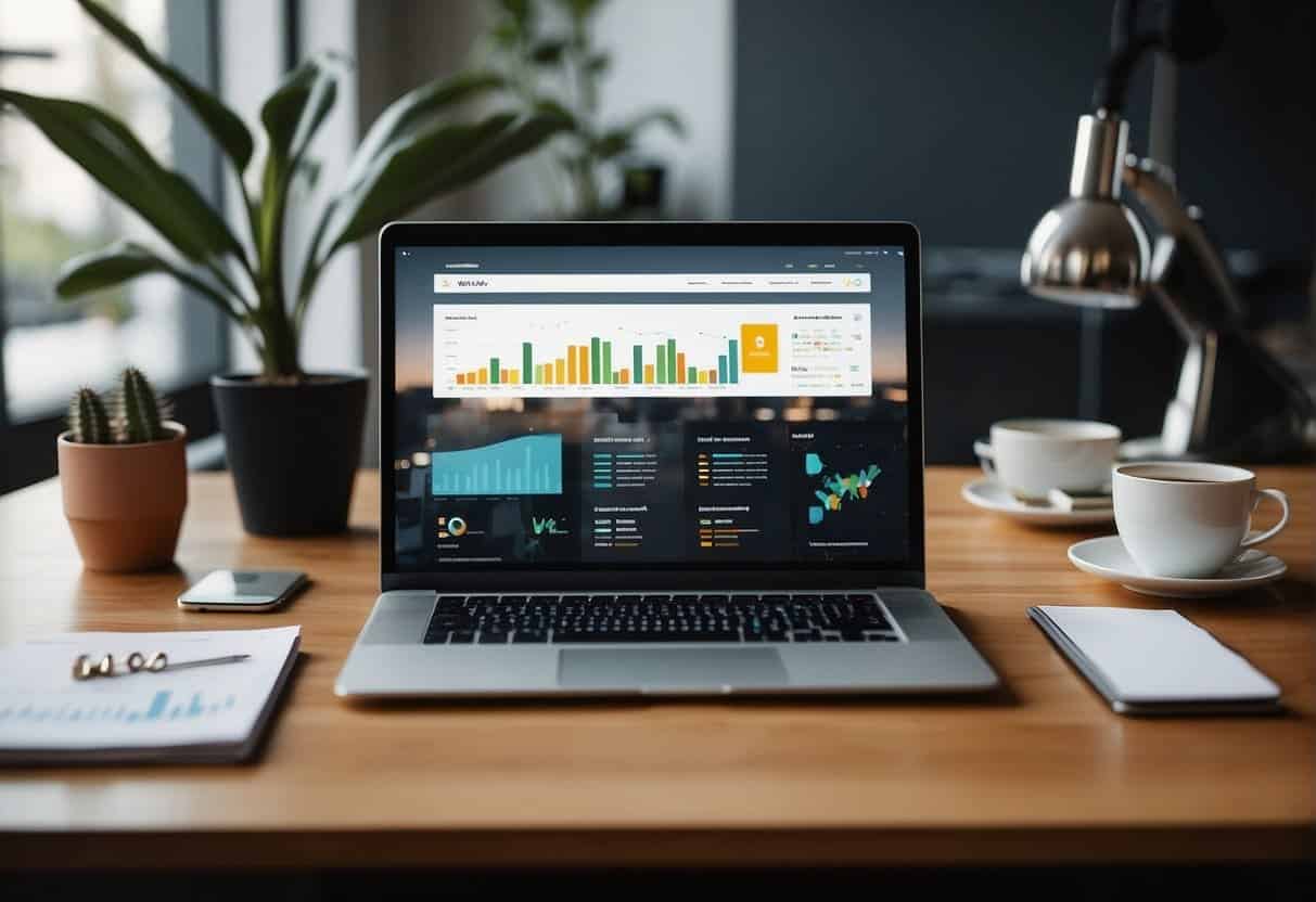 A laptop displaying Wix's business features and tools, surrounded by office supplies and a sleek desk setup. The screen showcases various business-focused templates and analytics options