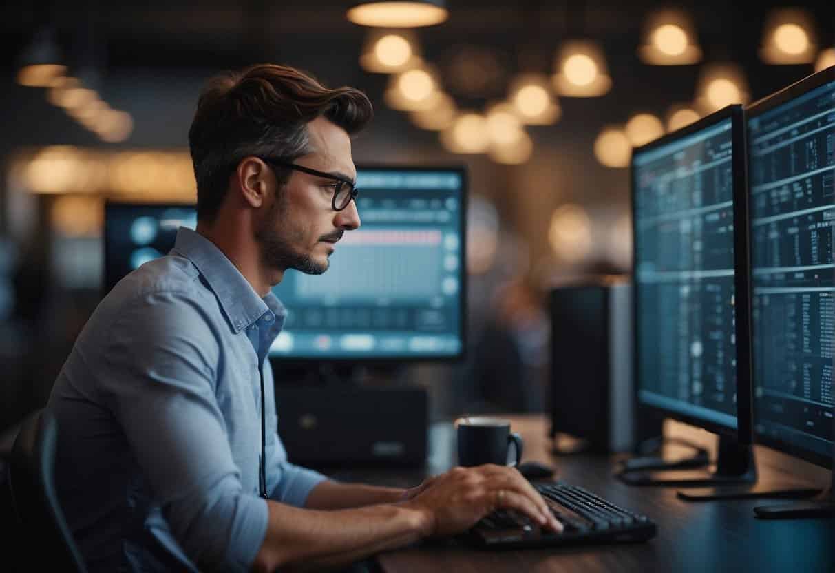 A small business owner watches as AI automation answers FAQs, impacting job roles