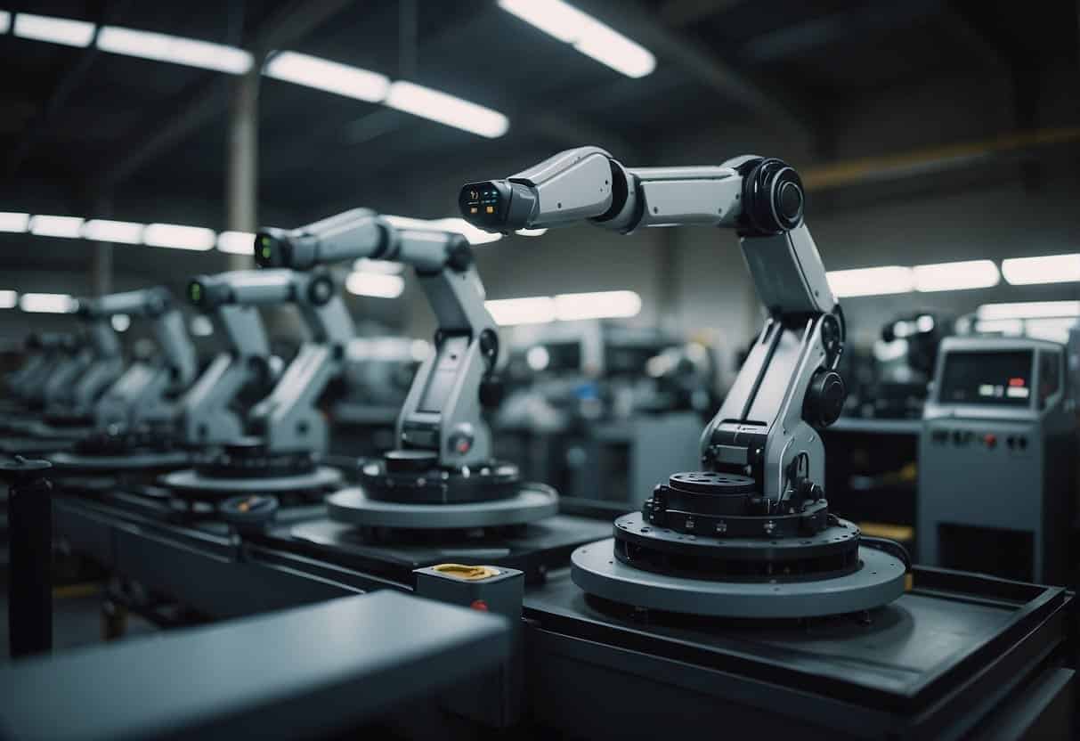 Robotic arms assemble products in a factory. Small business owners watch as automated systems streamline their operations