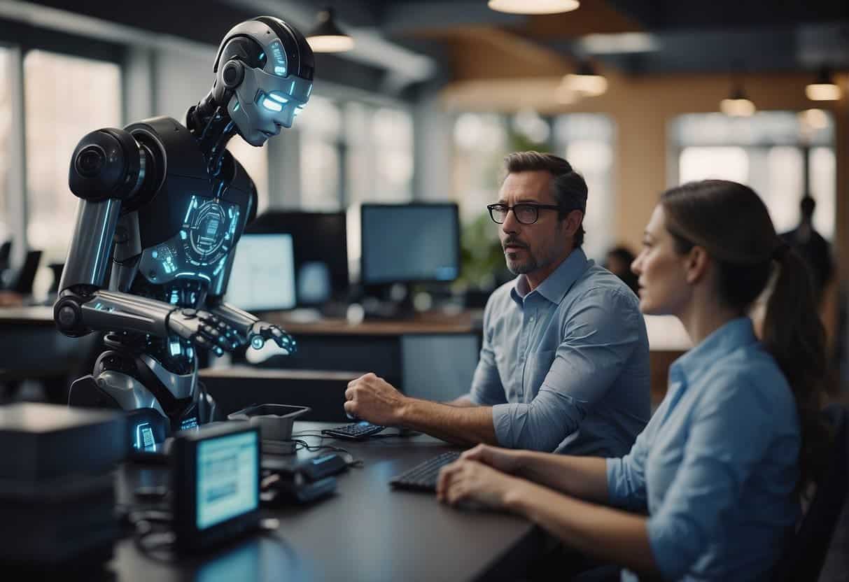 Small business owners struggle with AI integration. Jobs are impacted. Illustrate a small business setting with AI technology and worried employees