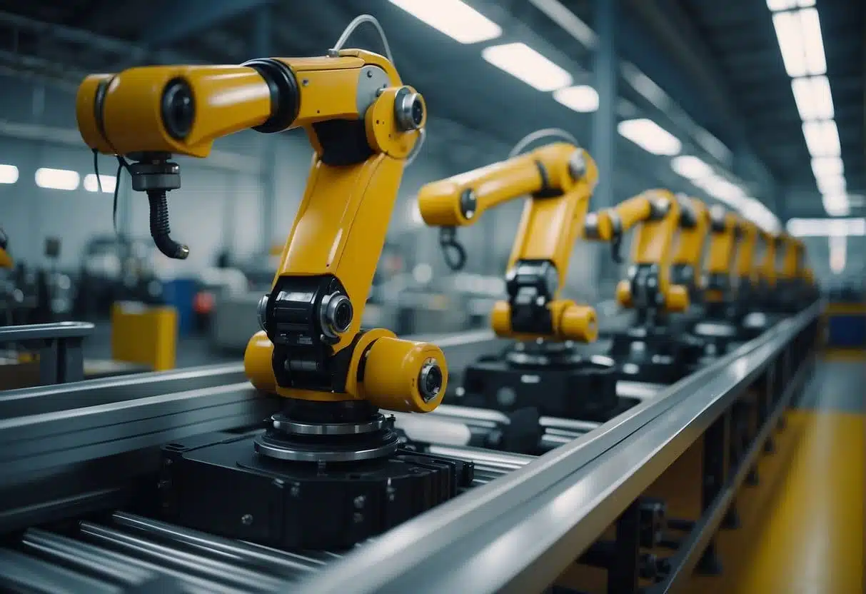 Robotic arms replacing workers in a small factory. Conveyor belts and machines humming in the background. Empty workstations and a sense of displacement