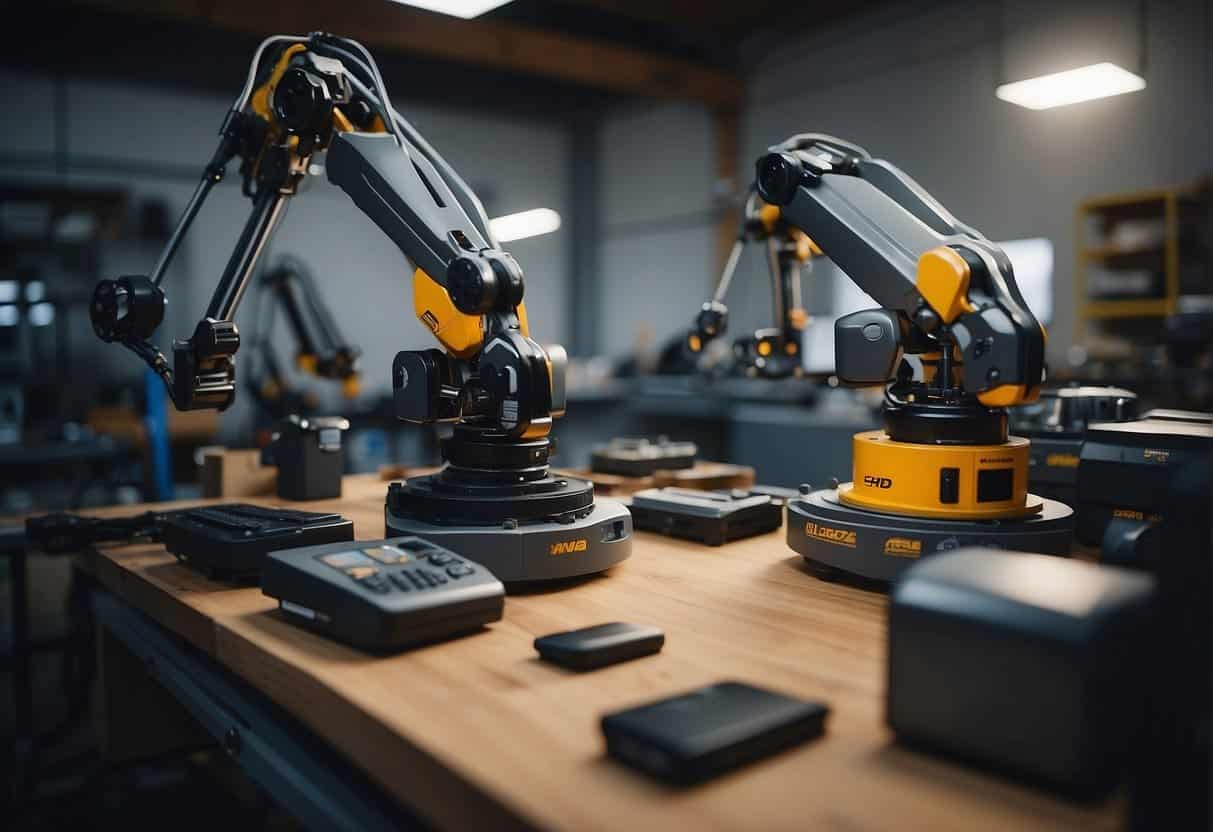 Robotic arms assemble products in a small workshop, while a computer program manages inventory and orders