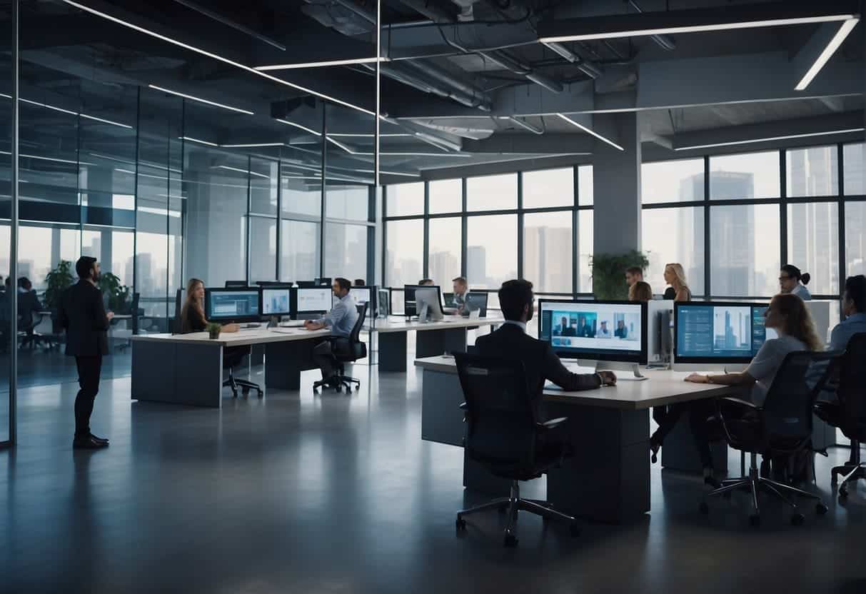 A group of people and AI technology collaborate in a modern, open-concept office space with interactive screens and collaborative workstations