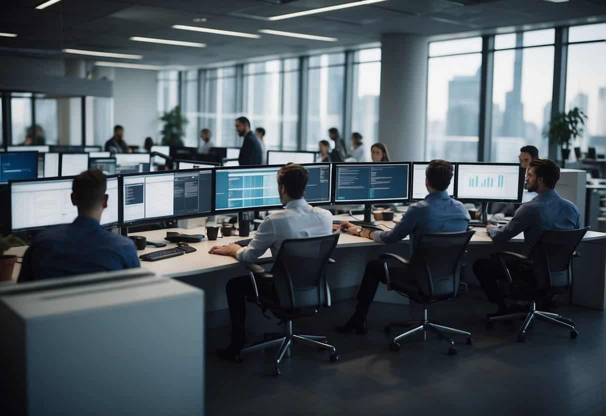 A bustling office environment with AI technology being utilized by various employees. Security and compliance protocols are visibly integrated into the workflow of the "citizen developers" as they work on AI projects