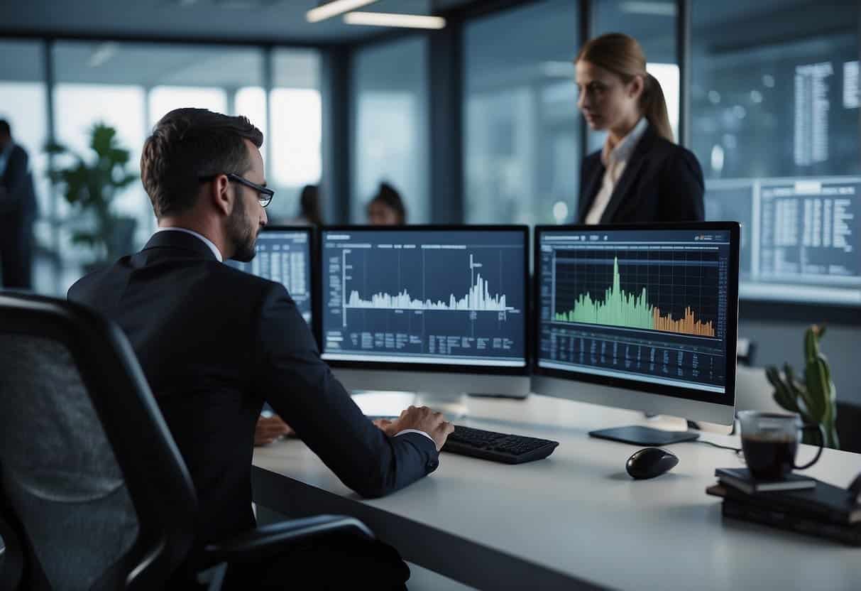 AI algorithms analyzing data in a modern office setting, with graphs and charts displayed on computer screens, and employees discussing business strategies