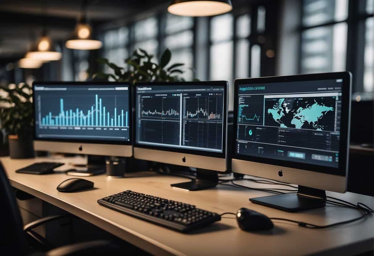 An office setting with computers and data analytics tools, AI algorithms processing information, and business graphs showing performance improvements