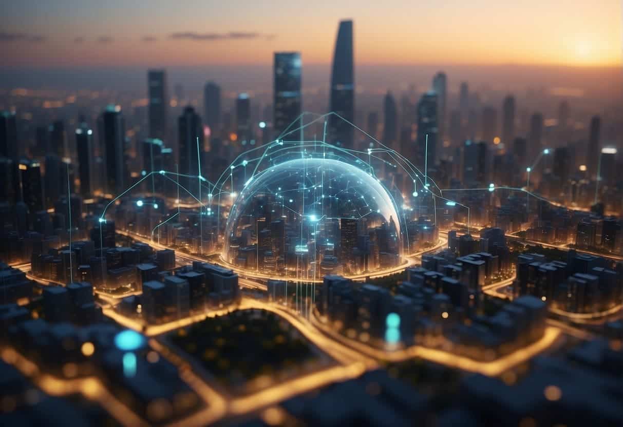 A futuristic city skyline with AI-powered data streams and risk assessment algorithms integrated into business operations