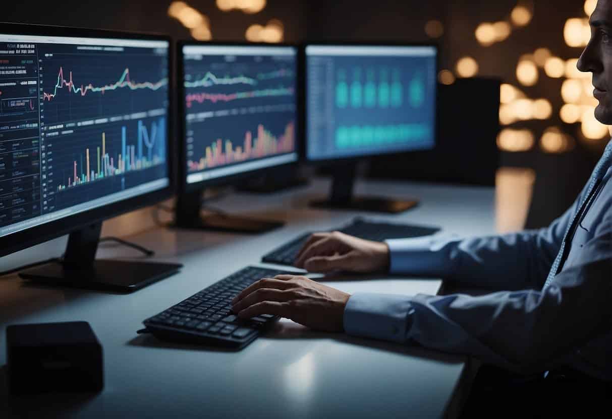 Data flowing into a computer, charts and graphs being analyzed, and insights being generated for decision making