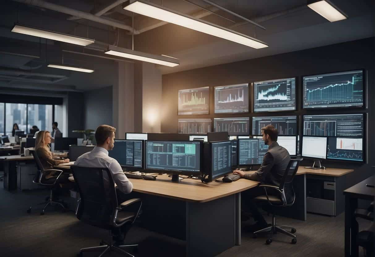 A busy office with people analyzing data on computer screens, charts, and graphs. A banner with "Frequently Asked Questions Predictive Analytics for Informed Decision Making" hangs on the wall