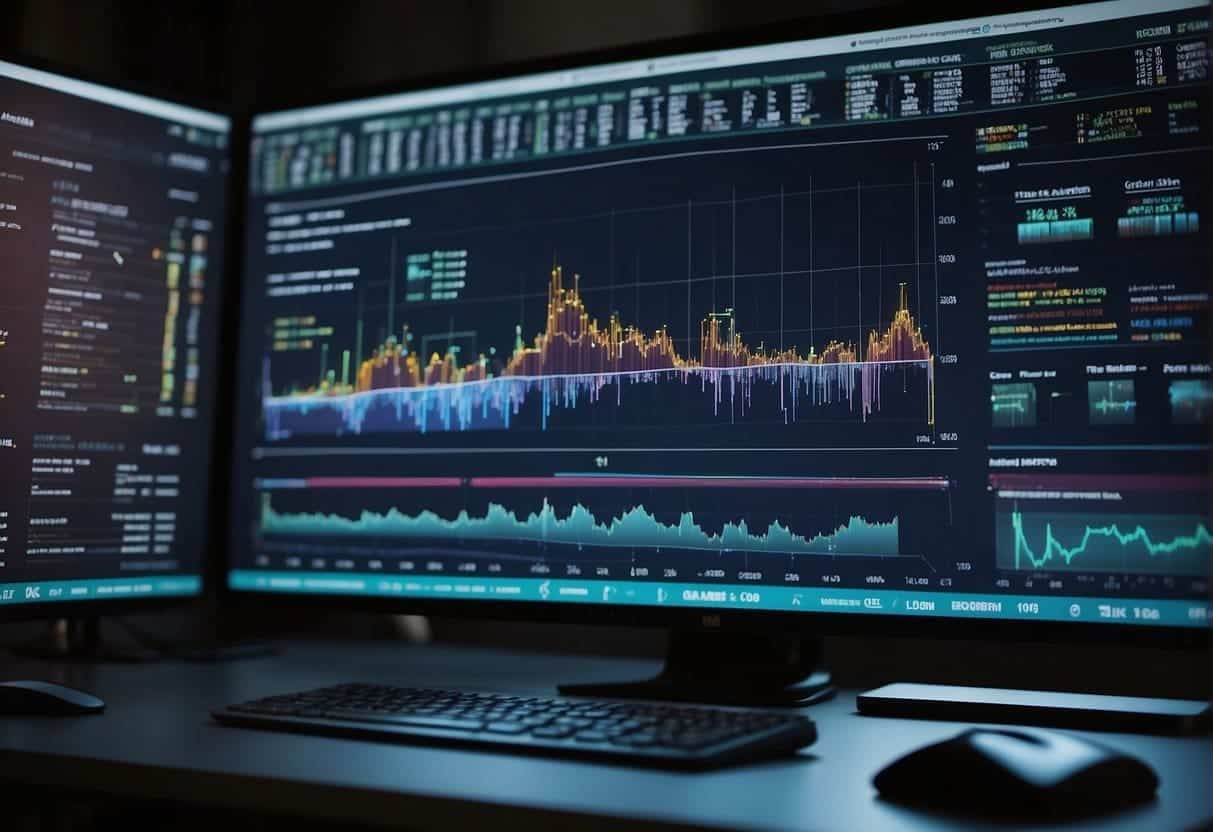 A computer screen displaying a complex data visualization tool, with various charts, graphs, and interactive features. AI algorithms are shown analyzing and optimizing the visualizations