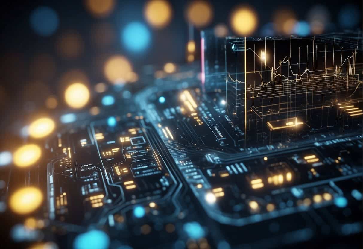 An AI system processing data, with various input sources and algorithms, displaying transparent decision-making processes