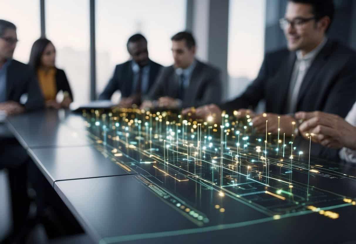 A diverse group of AI systems interact with various cultural and organizational elements, showcasing their understanding of decision-making processes