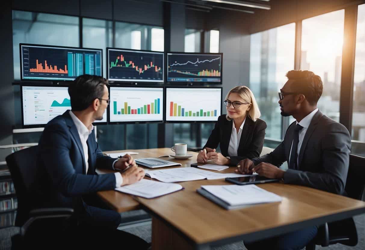 A group of diverse experts discussing XAI regulations and compliance, surrounded by charts and graphs, with a focus on ethical considerations