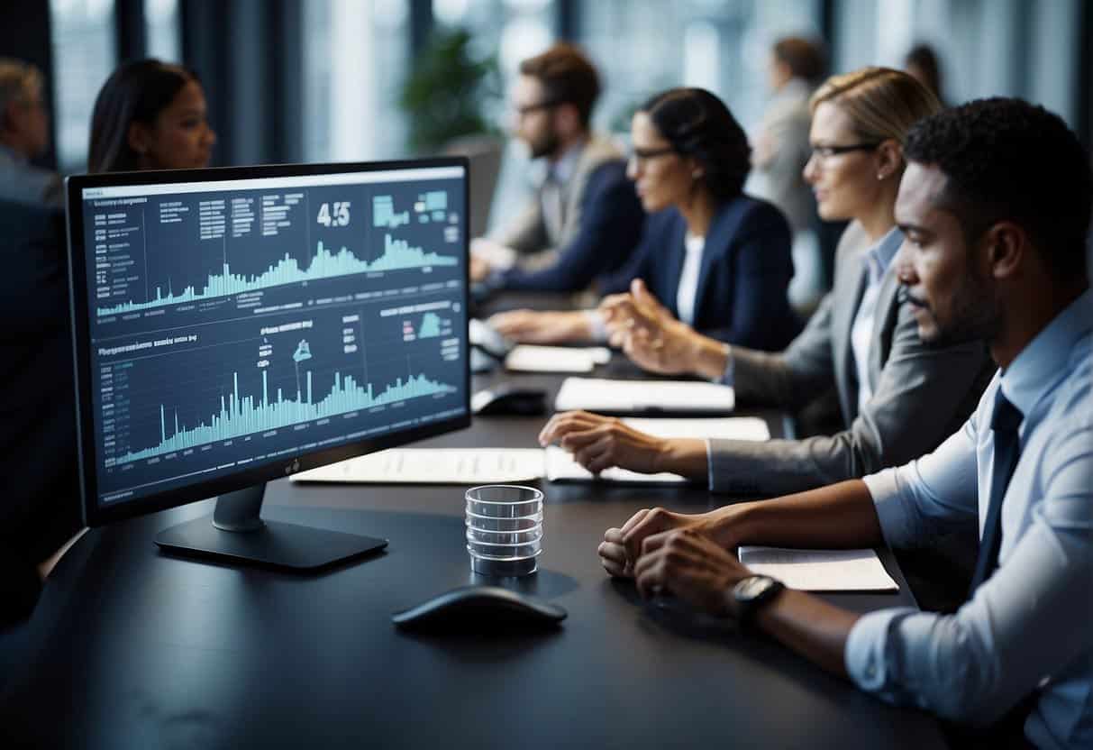 A group of diverse professionals discussing XAI regulations and compliance in a modern office setting. Charts and graphs are displayed on digital screens, and documents are scattered on the conference table