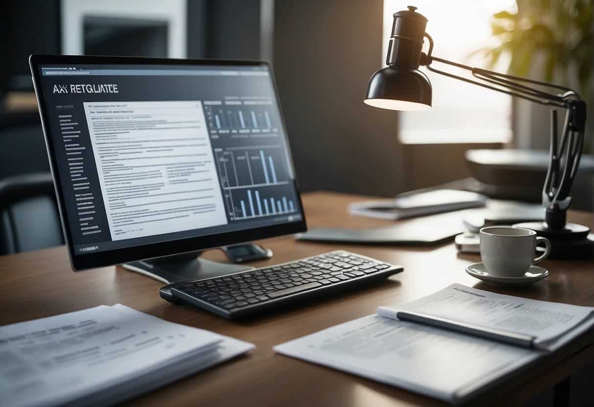 An office setting with a computer screen displaying XAI regulations and compliance guidelines, surrounded by legal documents and a scale symbolizing fairness and transparency