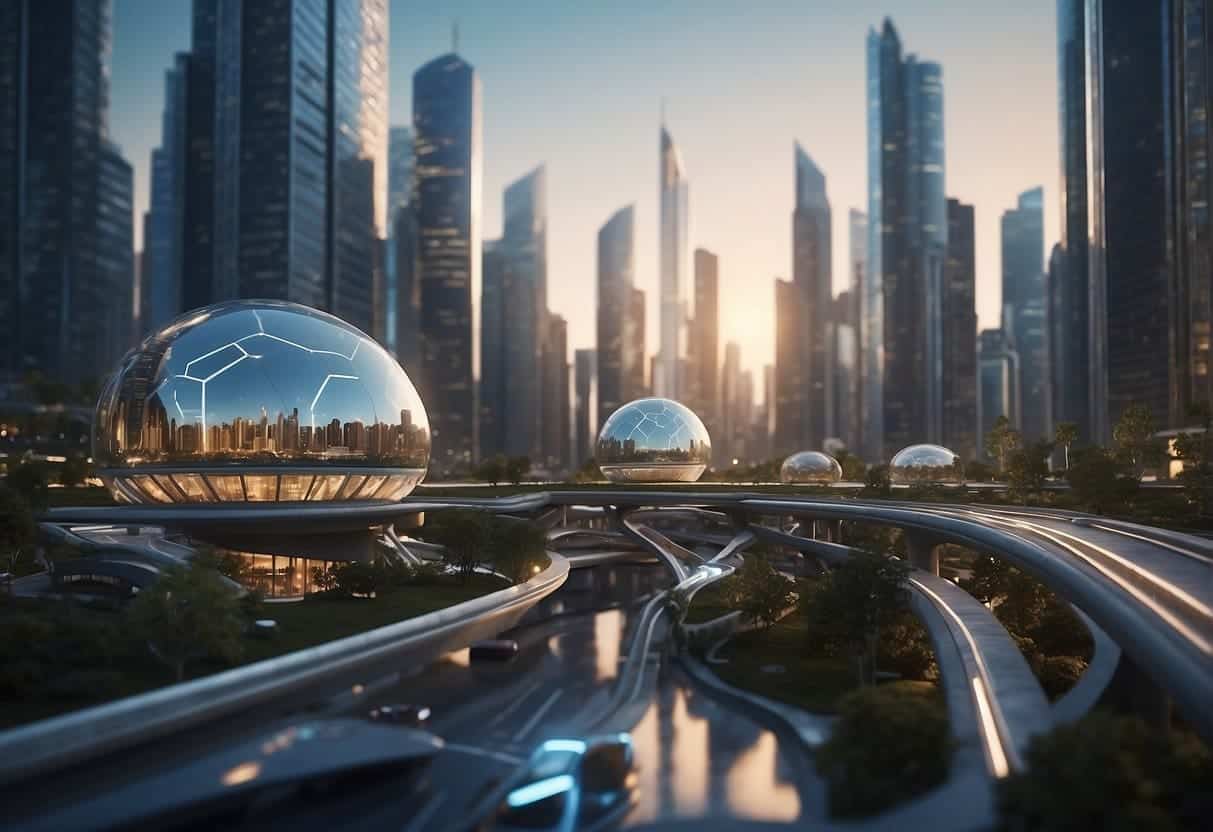 A futuristic cityscape with XAI technology integrated into everyday life, showcasing its impact on society and the ethical and legal considerations surrounding its use