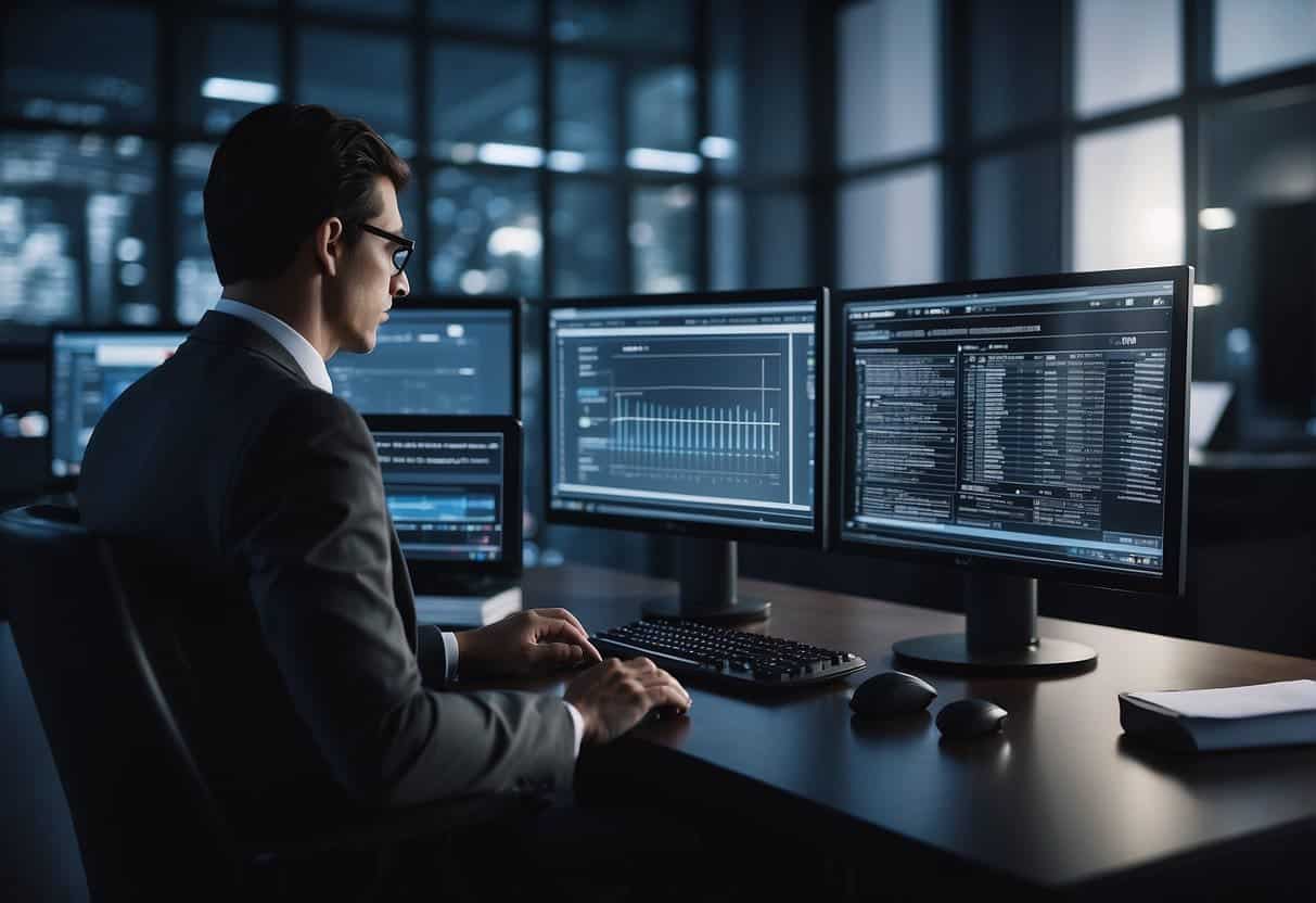 A computer system scans data for potential threats, while legal documents and compliance guidelines are displayed in the background