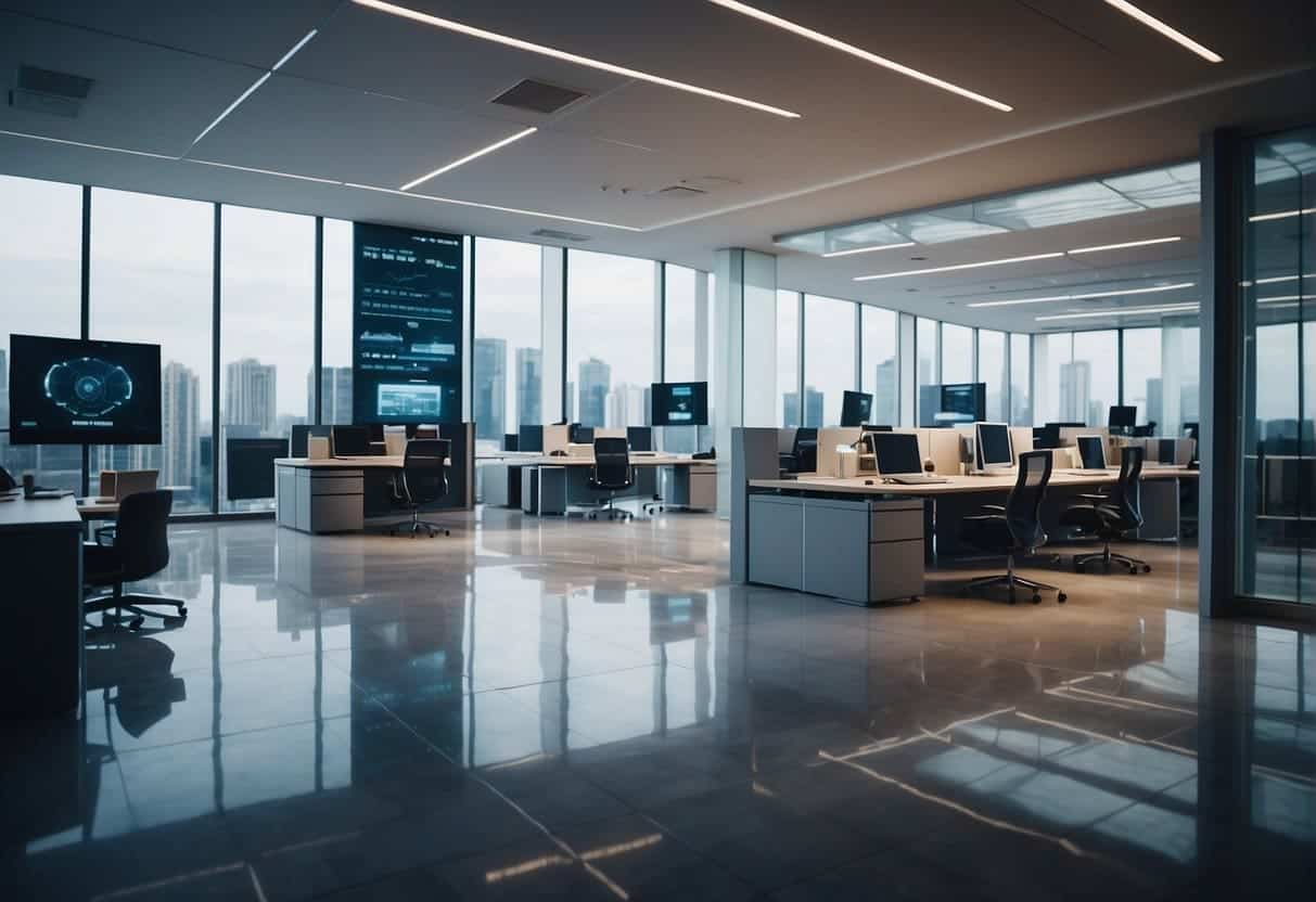A futuristic office building with advanced security measures, including AI-powered systems, protecting data from cyber attacks