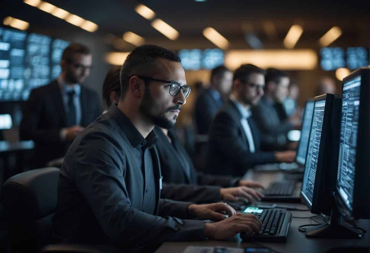 Employees stand united, shielding data from AI cyber threats. They are armed with knowledge and tools to defend against digital attacks