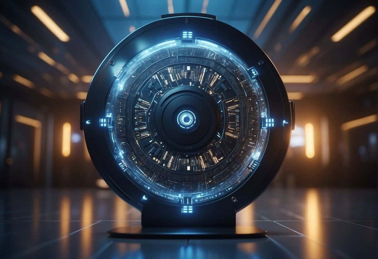 A digital shield encasing a vault of data, with AI-powered cyber threats repelled by a force field
