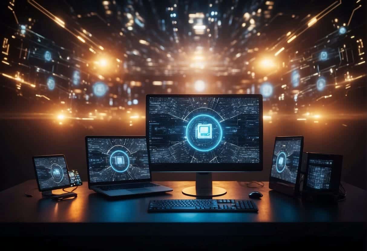 A computer surrounded by virtual shields, fending off AI-powered attacks, while remote workers access data from different locations