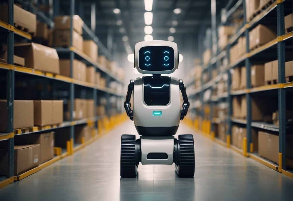 A warehouse with AI-powered robots organizing inventory, while blockchain technology secures and tracks shipments for small businesses