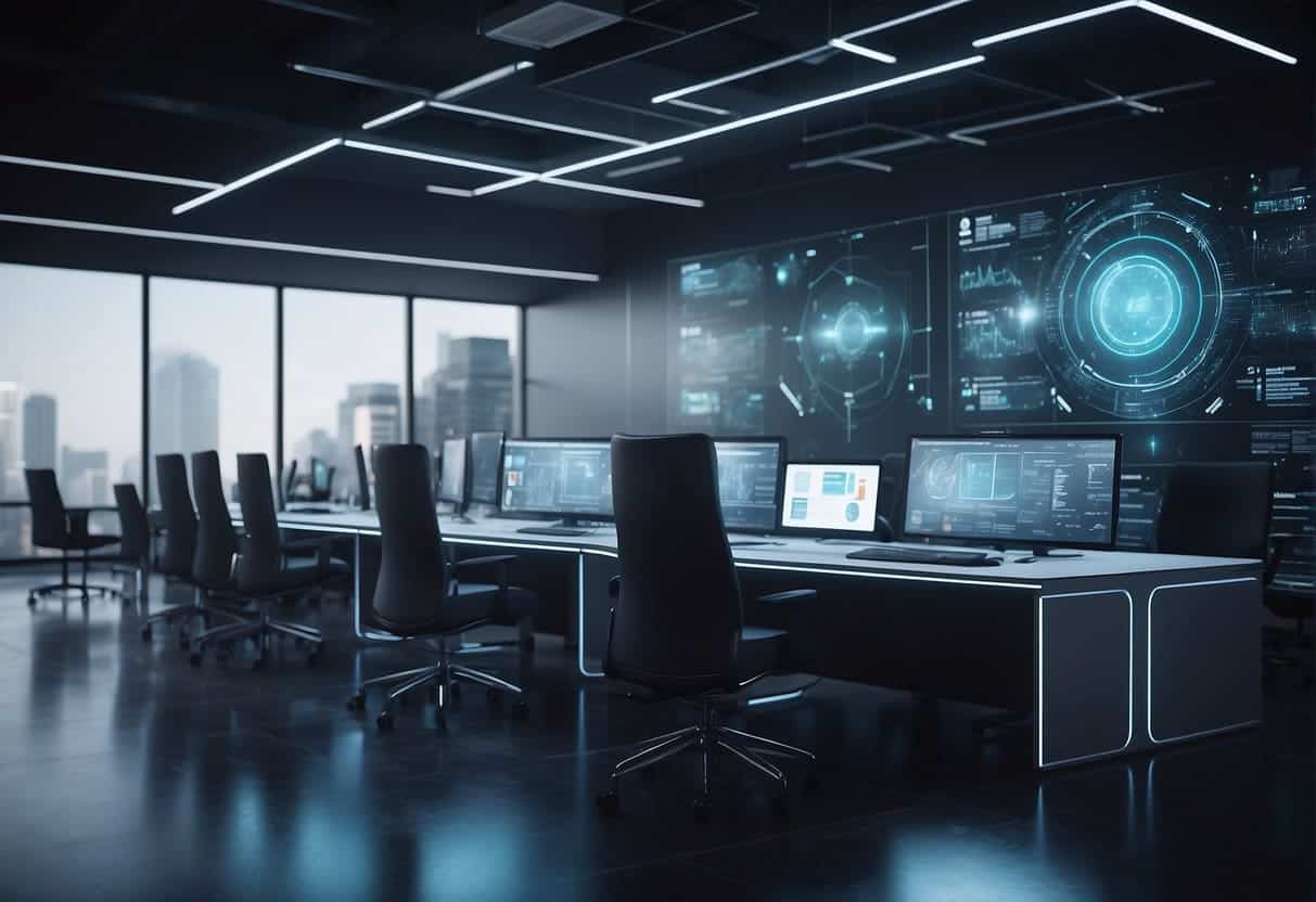 A futuristic office setting with AI and blockchain technology integrated into the workflow, showcasing efficiency, security, and transparency in small business operations