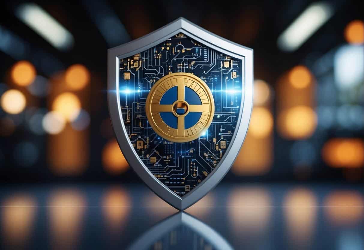 AI and blockchain symbols intertwining over a small business, creating a shield of security and transparency