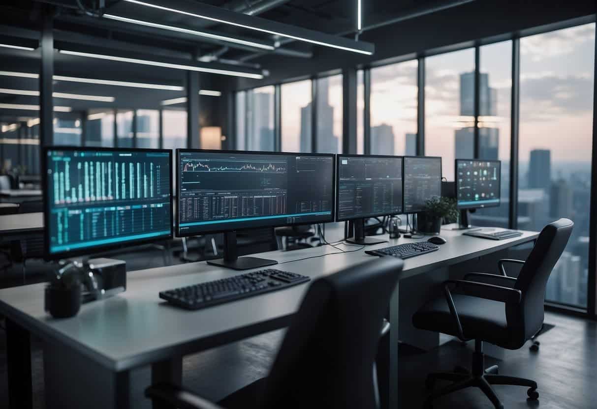 An office setting with AI and blockchain technology integrated into small business operations, showing enhanced security and transparent data flow