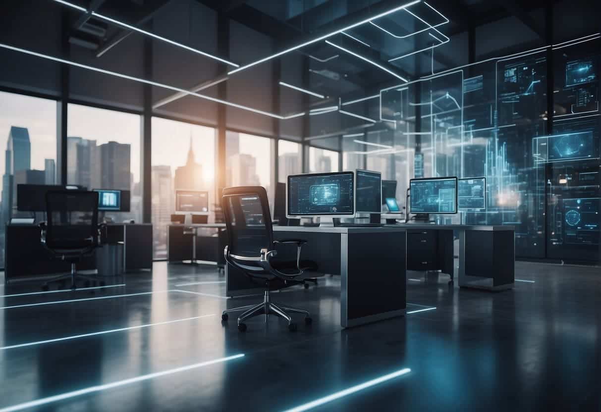 A futuristic office setting with AI algorithms and blockchain technology integrated into small business operations for enhanced security and transparency