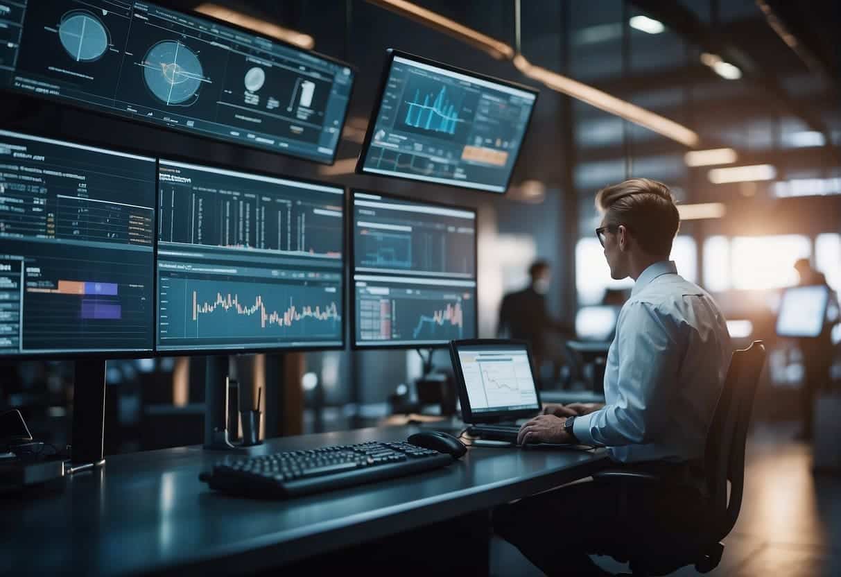 The scene shows a small business equipment being monitored and maintained by AI technology, with data being analyzed and potential issues being predicted and prevented