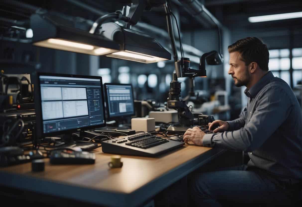 A small business workshop with various equipment, such as machinery and tools, being monitored and maintained by AI-powered predictive maintenance systems