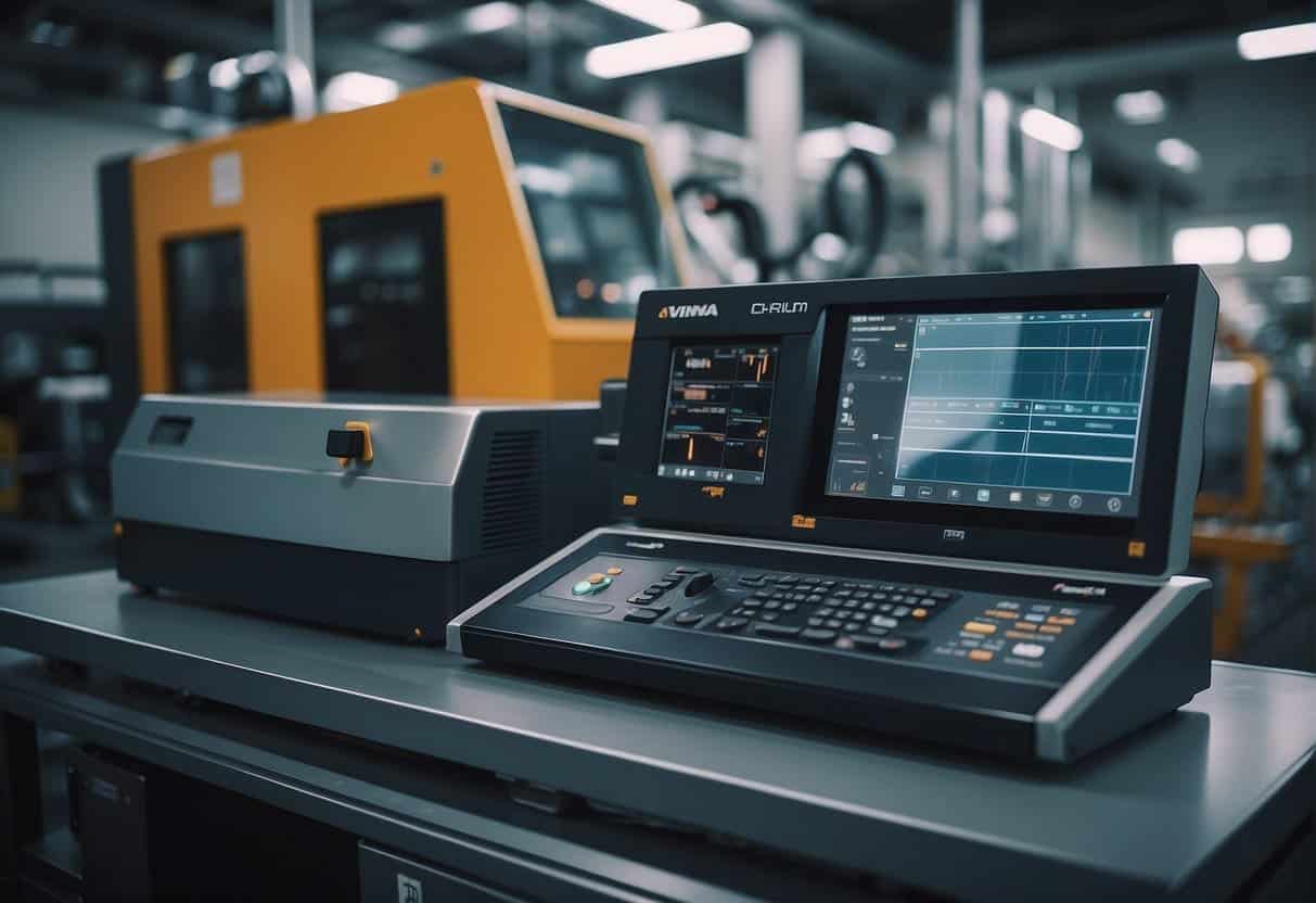 An industrial machine with AI sensors monitors and predicts maintenance needs