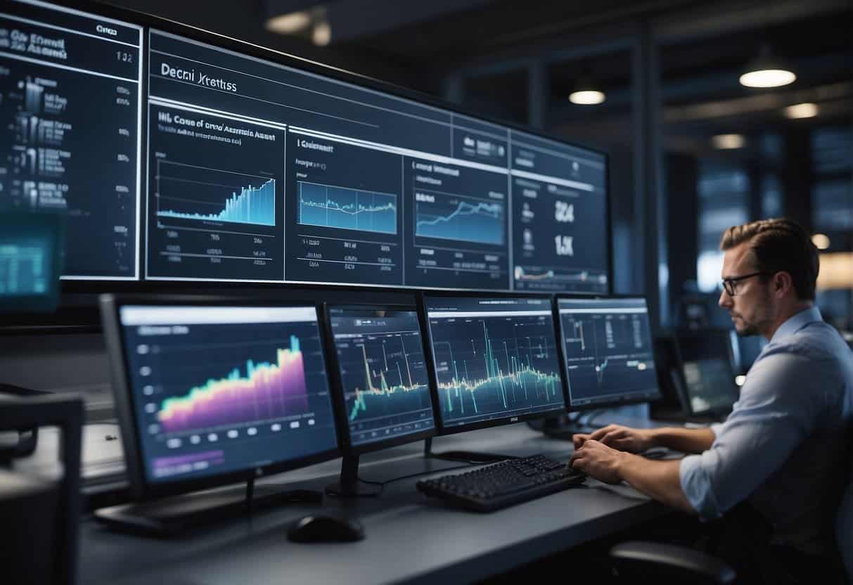 An AI program analyzes energy data in a small business, identifying areas for optimization. Charts and graphs display the environmental impact assessment