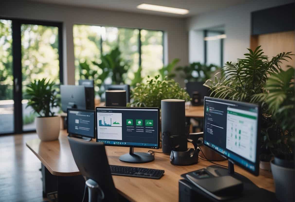 A small business office with AI-powered devices optimizing energy usage, surrounded by greenery and eco-friendly signage